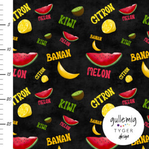 Jersey (trikå) – Banan, melon, kiwi & citron – Svart (GOTS), metervara