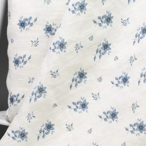 Mjuk linne – Blå blommor – Vit, metervara