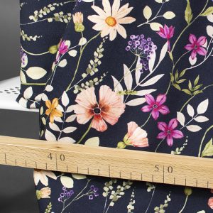 Jersey (trikå) - Blommor och blad - Mörkblå