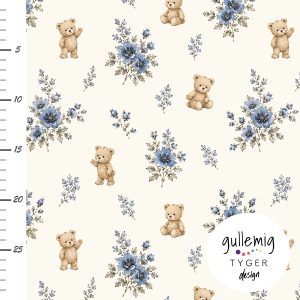 Jersey (trikå) – Söta nallar och blå blommor – Offwhite (GOTS)