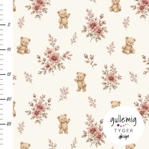 Jersey (trikå) – Söta nallar och rosa blommor – Offwhite (GOTS)